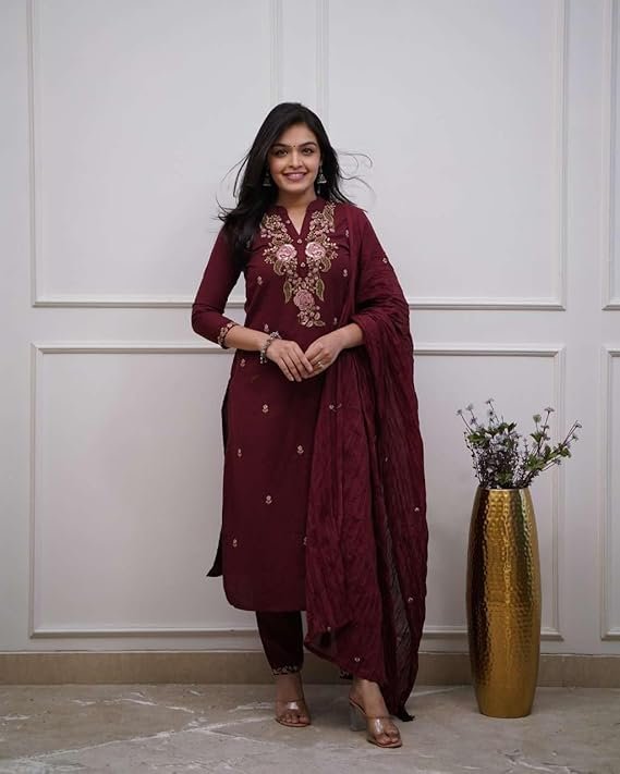 women's cotton embroidery work straight kurti with pant & mulmul dupatta set women's cotton embroidery work straight kurti with pant & mulmul dupatta set