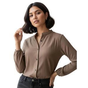 women’s long sleeve button down casual shirt solid formal office collarless regular fit workwear top for women girls