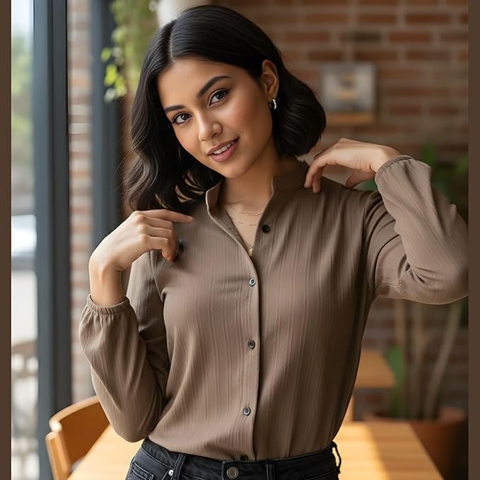 women’s long sleeve button down casual shirt solid formal office collarless regular fit workwear top for women girls women’s long sleeve button down casual shirt solid formal office collarless regular fit workwear top for women girls