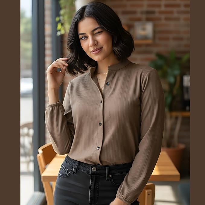 women’s long sleeve button down casual shirt solid formal office collarless regular fit workwear top for women girls women’s long sleeve button down casual shirt solid formal office collarless regular fit workwear top for women girls
