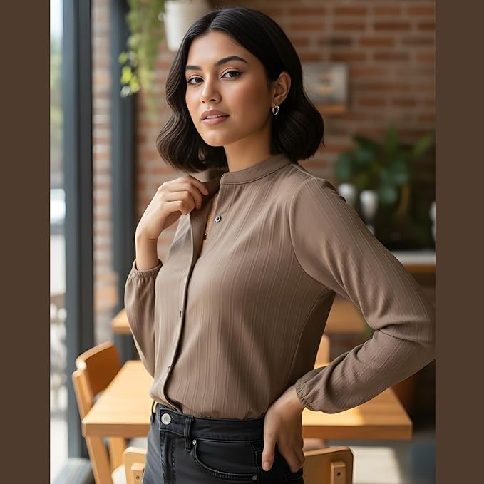 women’s long sleeve button down casual shirt solid formal office collarless regular fit workwear top for women girls women’s long sleeve button down casual shirt solid formal office collarless regular fit workwear top for women girls